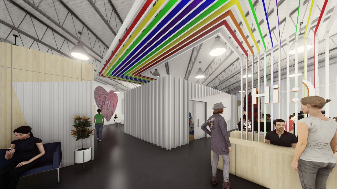 Interior rendering of the pop-up Austin Outpost cafe and coworking area
