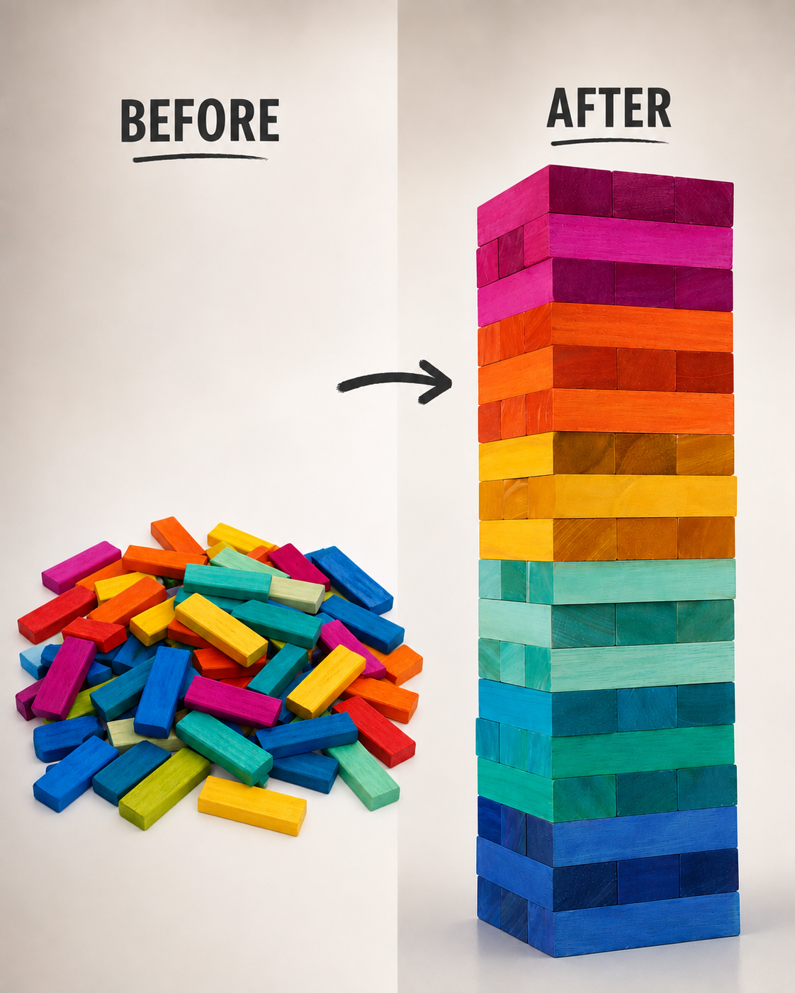 Before and after: a scattered pile of colored blocks beside the same blocks stacked into a rainbow tower