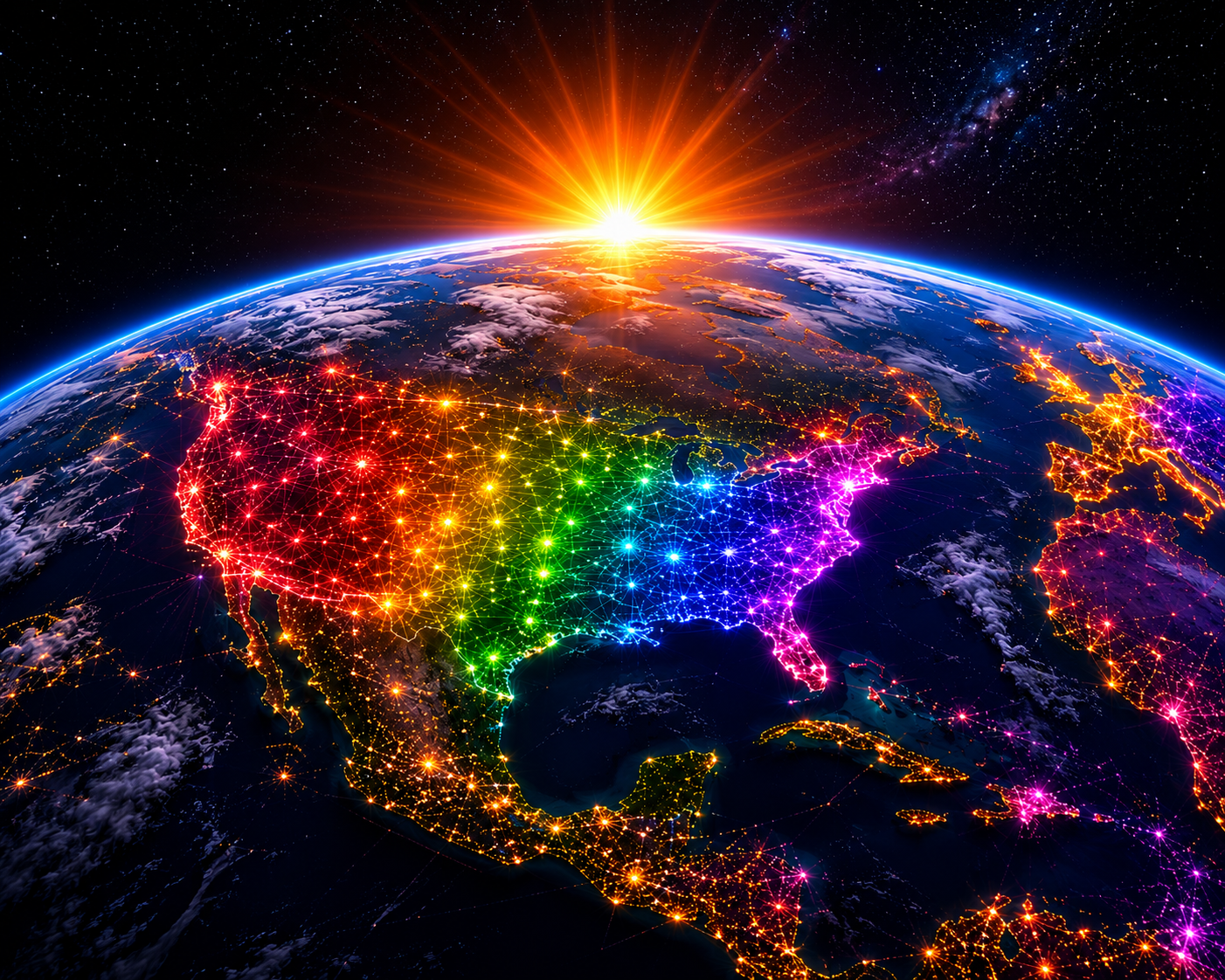 The United States glowing in rainbow light from space, cities connected by a web of light beneath a rising sun