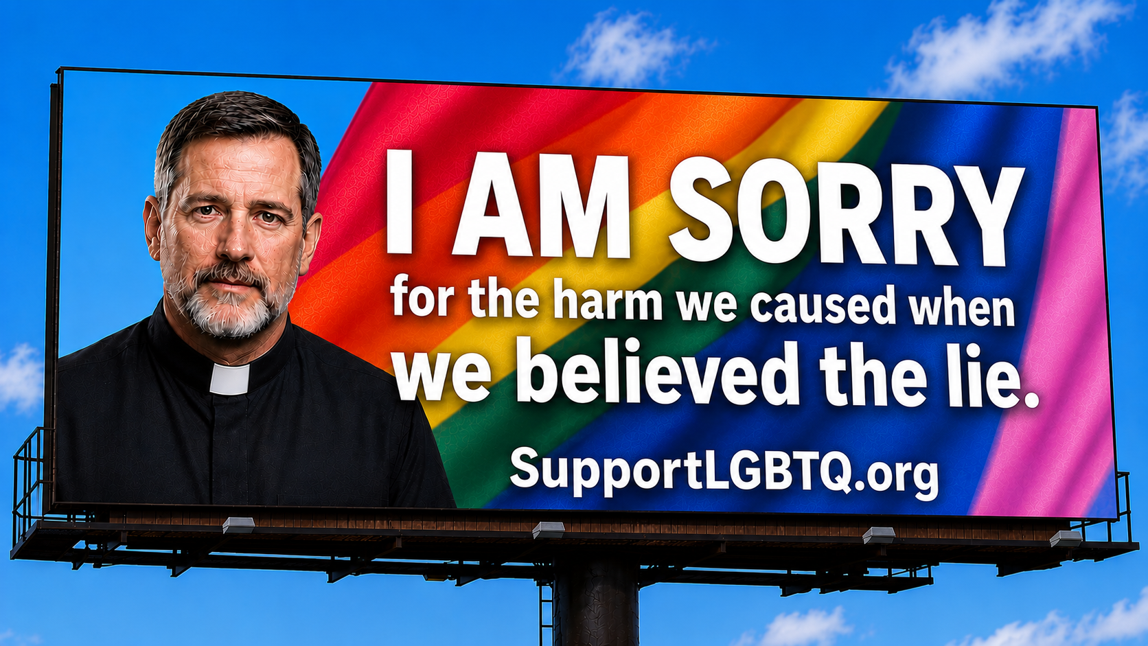 Billboard reading I AM SORRY for the harm we caused when we believed the lie — SupportLGBTQ.org