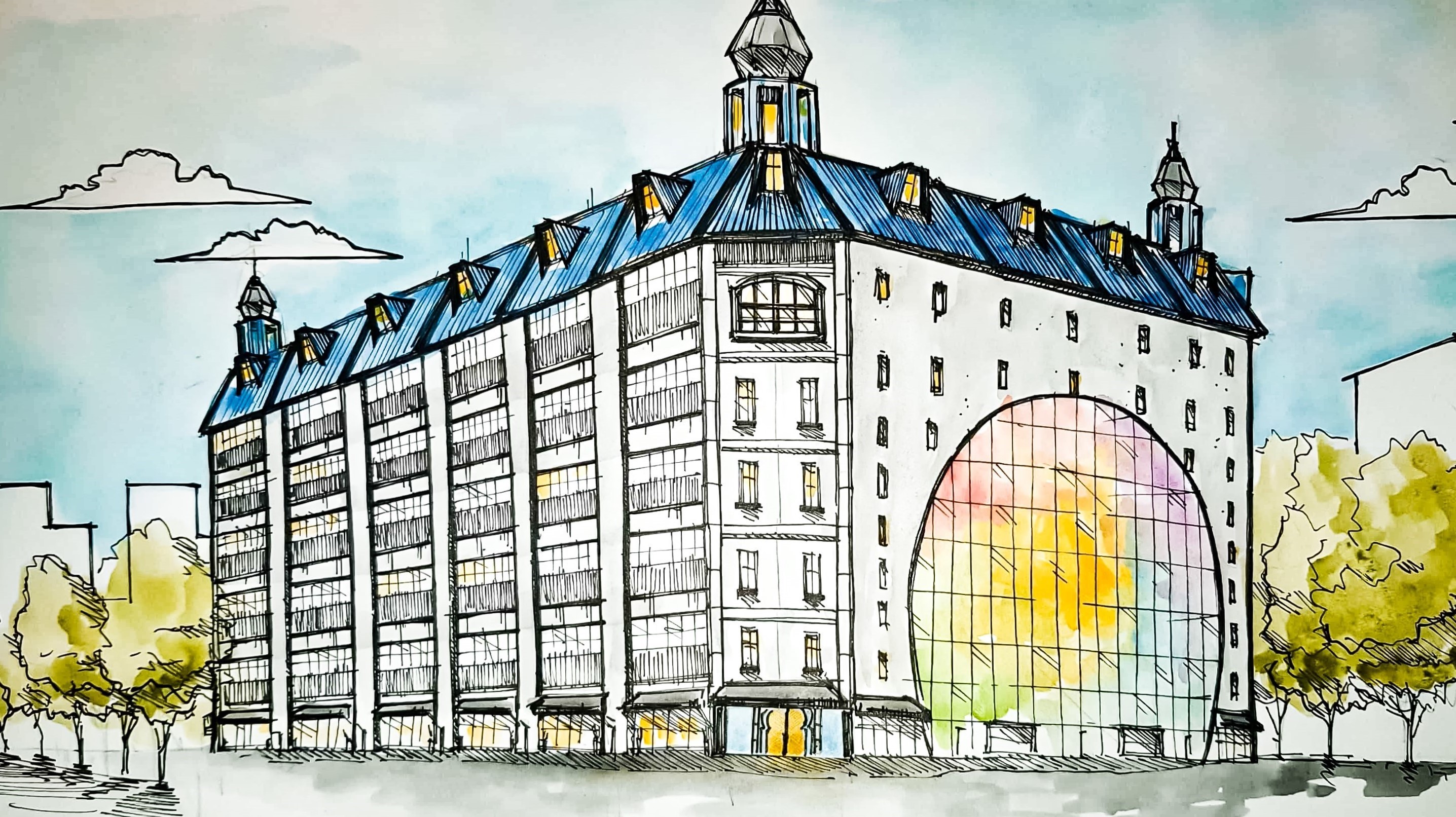 Watercolor rendering of a Qutopia LGBTQIA+ community center with affordable housing above street-level shops