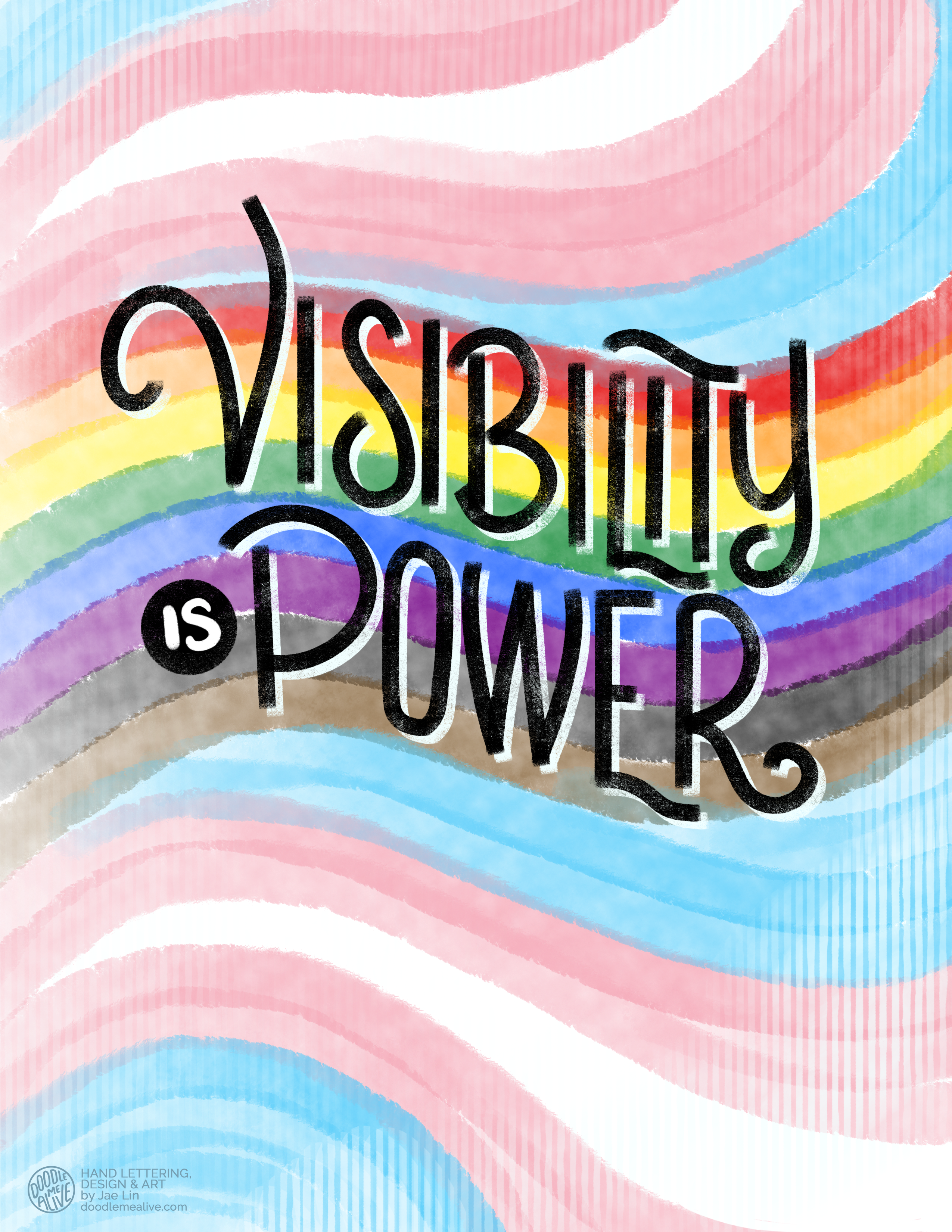 Visibility is Power — hand-lettered illustration over a Pride and Trans flag backdrop